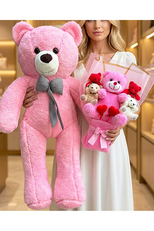 90cm Pembe Ayıcık Peluş Buket Sevgiliye Özel Kaliteli Hediye Doğum Günü Hediyesi - Yılbaşı Hediyesi